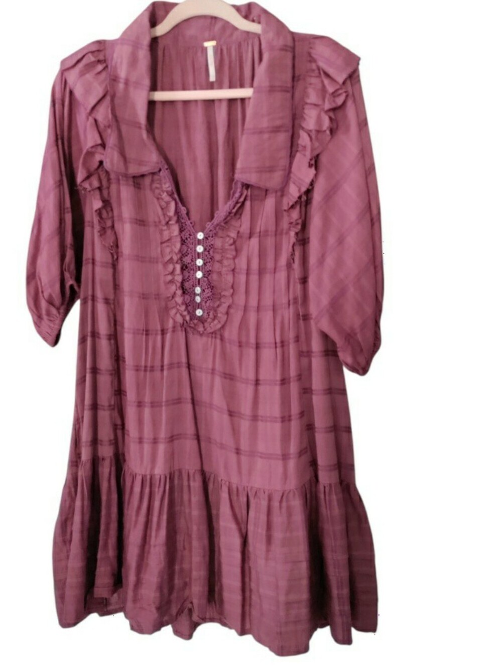 Free People Elora Mini Dress Cotton Check Boho Ruffle Dusty Mauve